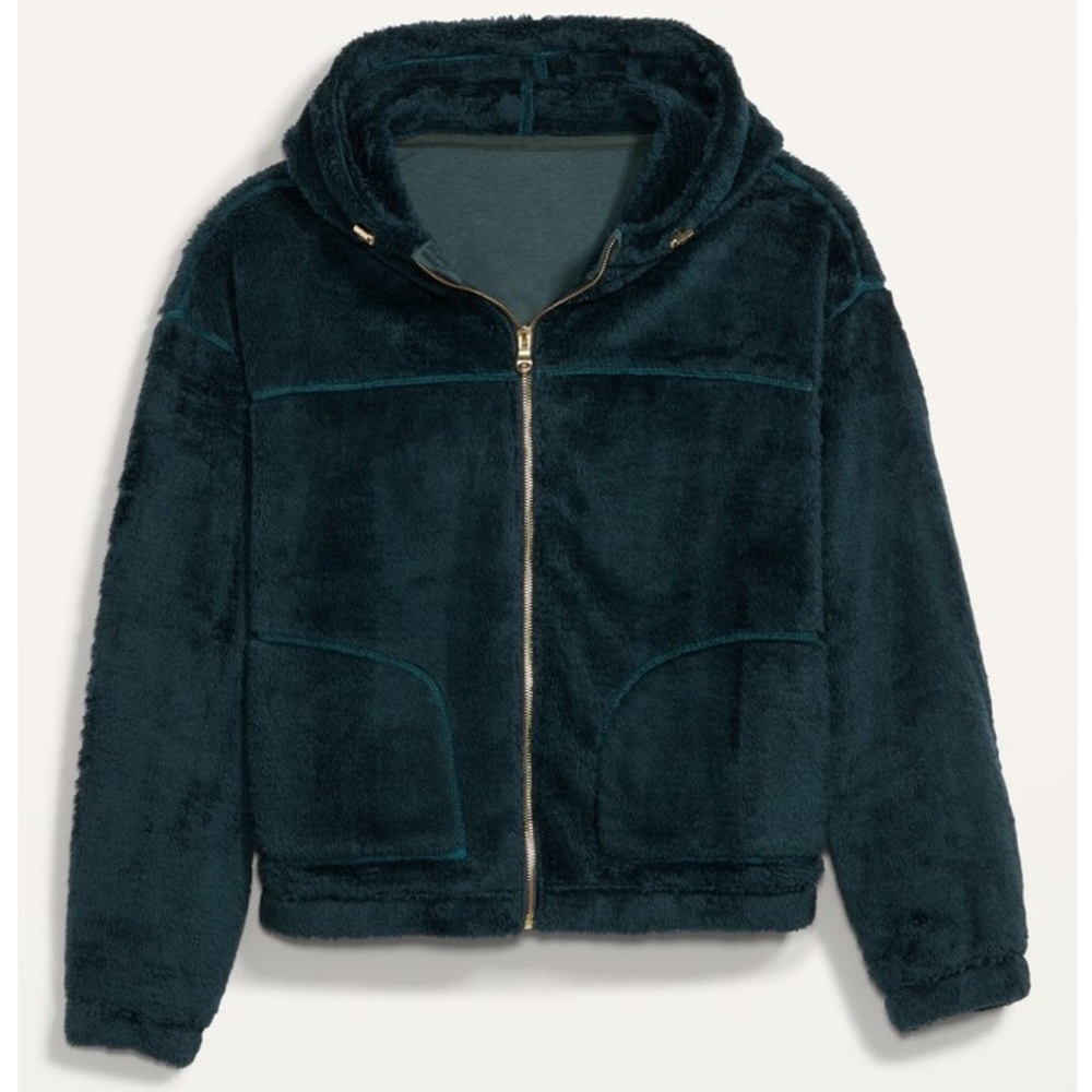 Old Navy Loose Sherpa Crop Zip Up Hoodie Dark Ivy